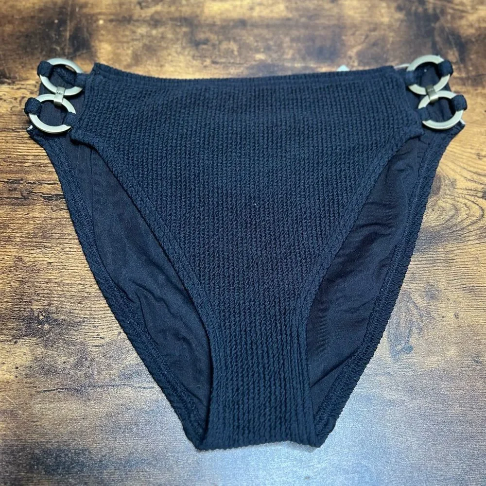 Michael Kors High-Leg Bikini Bottoms in Black with Ring Gold Chain Accents. NWT!